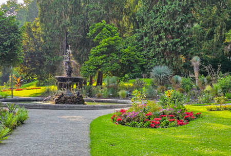 ueberlingen City Garden at Lake Constance in Summer with Colorful Flowers and Sunshineの写真素材