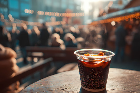 Cup of hot mulled wine with orange and cinnamon on a wooden table Christmas marketの素材