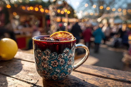 Mulled wine with spices and lemon on the background of the Christmas marketの素材