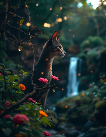 Beautiful cat in the garden with a waterfall in the backgroundの素材