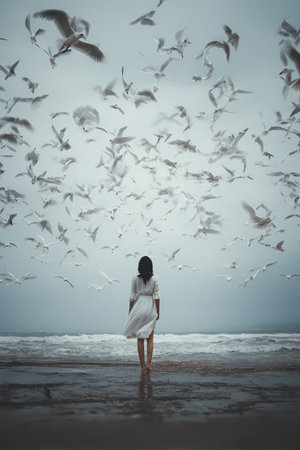 Beautiful woman in white dress on the beach with flying seagullsの素材