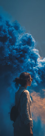 Young beautiful woman with dark hair in a white blouse against the background of clouds of smokeの素材