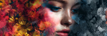 Portrait of a beautiful woman with bright make-up and flowersの素材