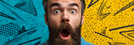 Bearded man with shocked expression in comic pop art styleの素材