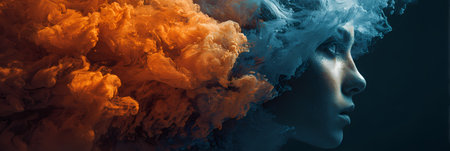 Surreal female profile with orange and blue abstract smokeの素材