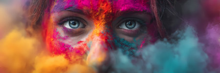 Colorful face with blue eyes and vibrant powder explosionの素材