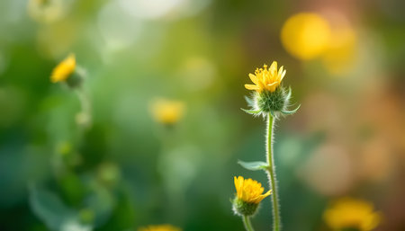 Yellow flower on blurred green background with bokeh, nature backgroundの素材