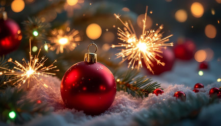 Festive Christmas bauble and sparkling lights in winter snowの素材