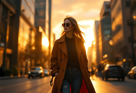 Beautiful young woman walking in the city at sunset. Girl in a coat and sunglasses.の素材