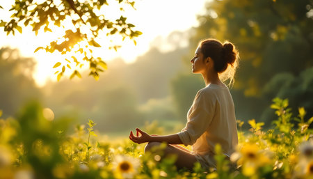 Young woman meditating in lotus position in the park at sunsetの素材