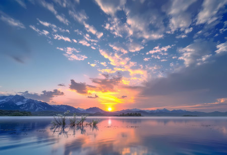 Serene Sunset Over Mountain Lake Landscapeの素材