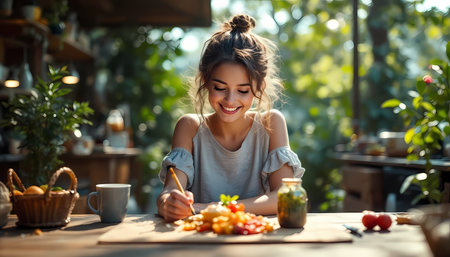 Young Woman Preparing Fresh Fruit Snackの素材