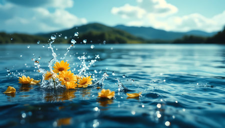 Yellow flowers in the water with splashes of water and sky backgroundの素材