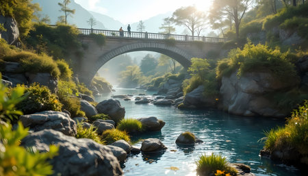 Bridge over the river in the morning. Beautiful landscape with riverの素材
