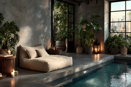 Modern design living room interior with swimming poolの素材