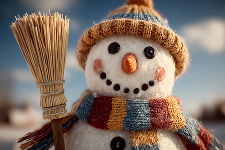 Snowman in a knitted hat and scarf on the background of the winter landscapeの素材