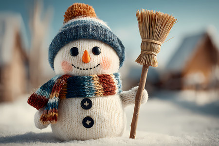 Snowman with broom in the snow. Christmas background. Winter holidays.の素材