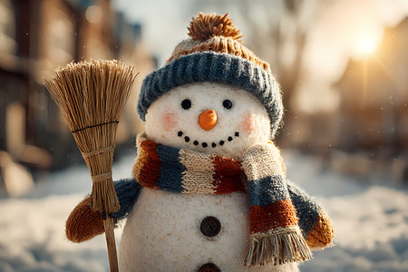 Snowman with a broom in the snow in winter. Christmas background.の素材