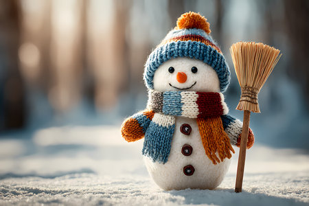 Snowman with broom in winter forest. Christmas and New Year concept.の素材