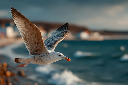 Seagull flying over the sea in a stormy dayの素材
