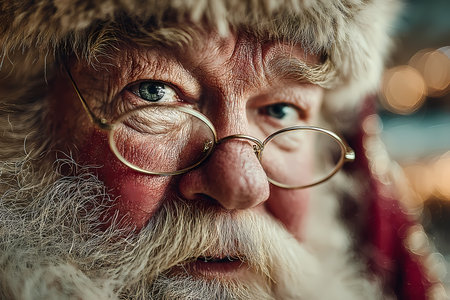 Close-up portrait of Santa Claus with white beard and classic Christmas attireの素材