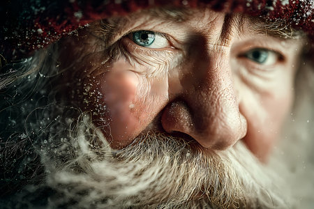 Close-up portrait of Santa Claus with white beard and classic Christmas attireの素材