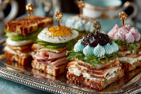 Artistic gourmet sandwiches with colorful cream toppingsの素材