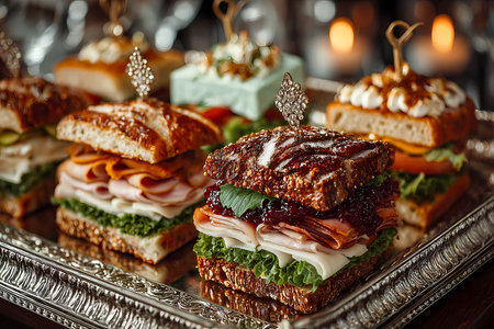 Gourmet sandwiches on elegant silver serving trayの素材