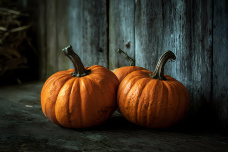 Two orange pumpkins on rustic wooden backgroundの素材