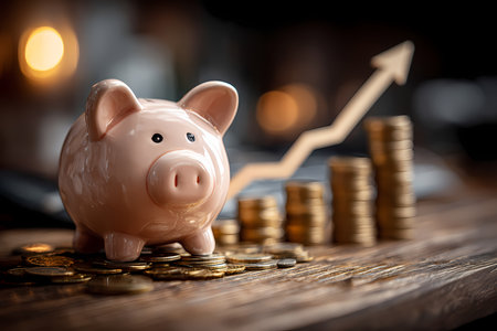 Piggy bank and coins on the table. Business concept.の素材