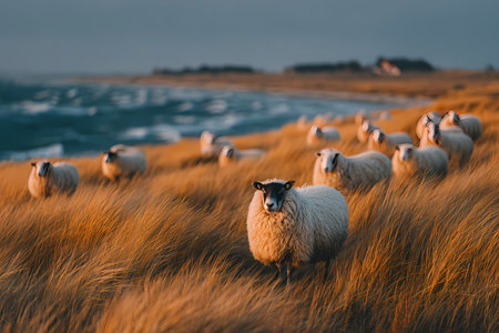 Sheep Grazing on Coastal Grassland at Sunsetの素材