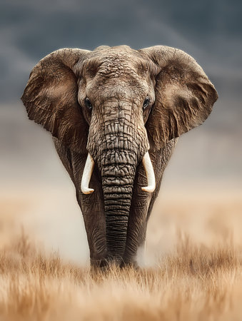 Powerful African elephant walking through dry grass in dusty savanna landscapeの素材