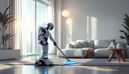 Robot cleaning the room with a vacuum cleanerの素材