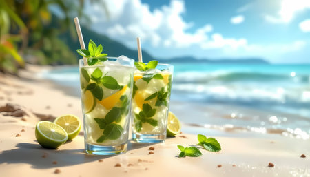 Mojito cocktail with lime and mint on sandy beachの素材