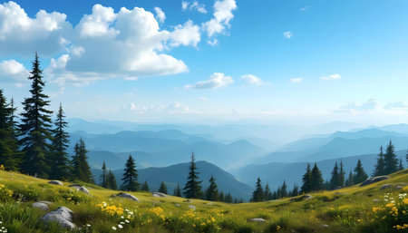 Mountain landscape with green grass, flowers and blue sky with cloudsの素材