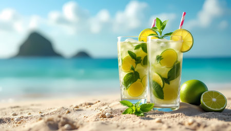 Mojito cocktail with lime, mint and ice on the beachの素材