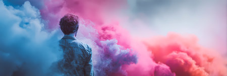 Businessman standing in the middle of a cloud of pink and blue smokeの素材