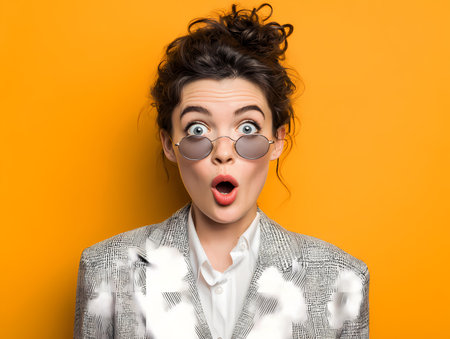 Surprised young woman in jacket and glasses on yellow backgroundの素材