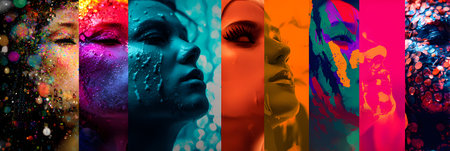 Collage with portraits of beautiful women with creative make-up. Multicolored background.の素材