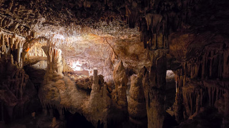 Majestic Stalactites and Limestone Formations inside Cuevas del Drach in Mallorcaの写真素材