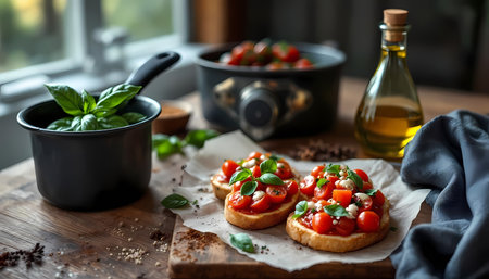 Bruschetta with Cherry Tomatoes Basil and Olive Oil on Rustic Wooden Tableの素材