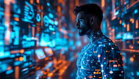 Cybersecurity. Dark-skinned young man wearing a suit and looking at the camera while standing in front of a futuristic interfaceの素材