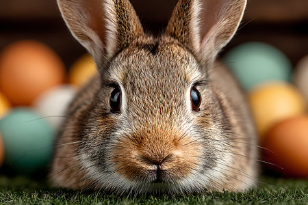 Easter bunny and easter eggs on green grass, close upの素材