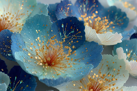 Delicate Blue Flowers with Shimmering Gold Detailsの素材