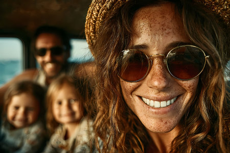 Happy Family Enjoying Road Trip in Van During Summer Vacationの素材