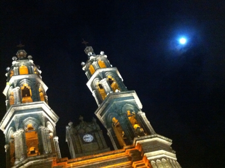 Moon shining bright over this antique cathedral in Tepic Mexicoの素材