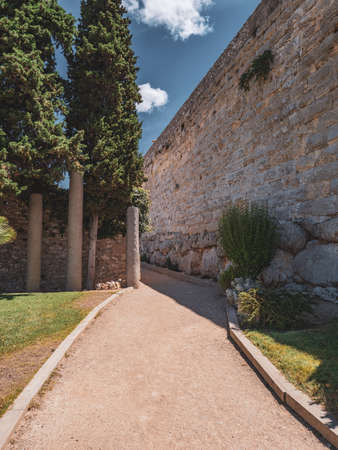 A vertical shot of a pathway leading to the ruins of an ancient buildingの写真素材