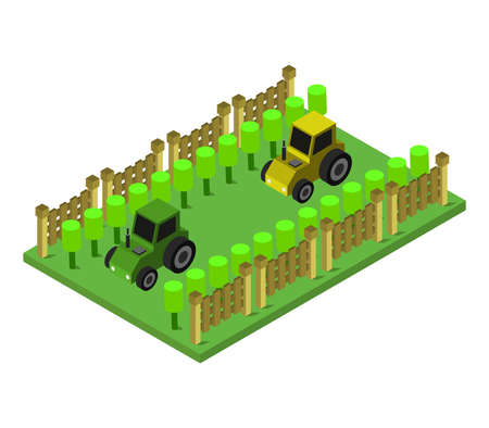 tractors on isometric fieldのイラスト素材