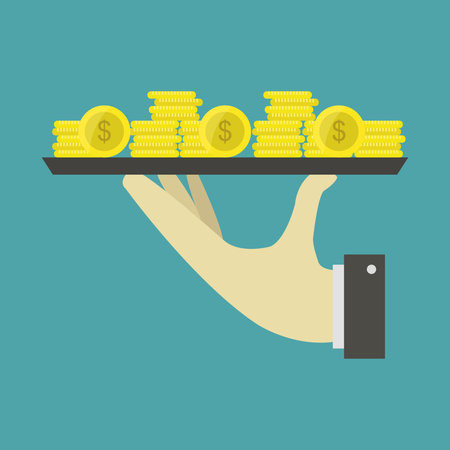 Hand holding a tray of gold coins. Vector illustration in flat styleのイラスト素材