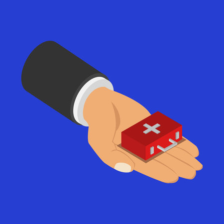 First aid kit in human hand. Flat design. Vector illustration.のイラスト素材